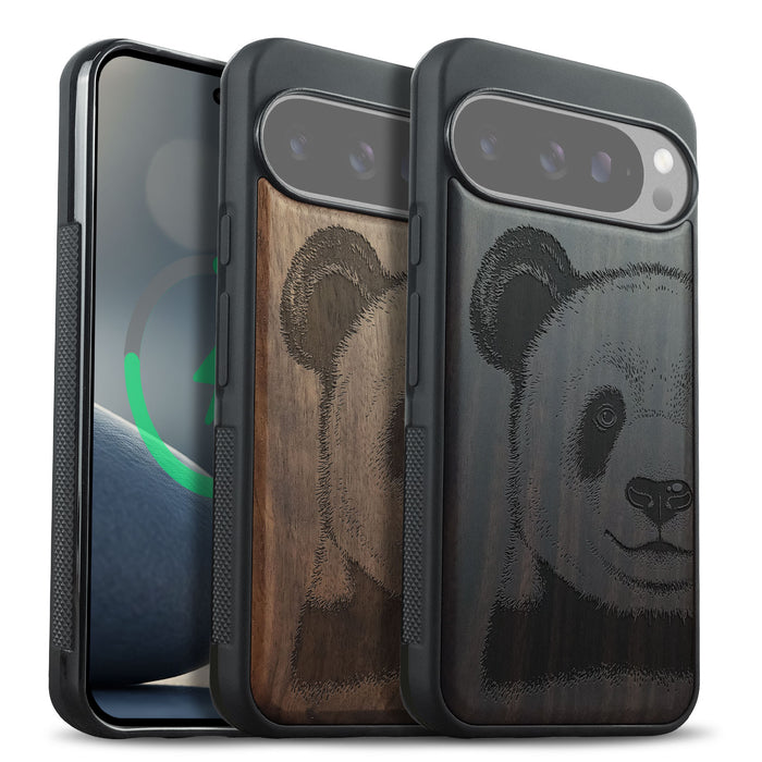 Panda Serenity, Classic Engraved Wood & TPU Case - Artisanal Cover for Google Pixel