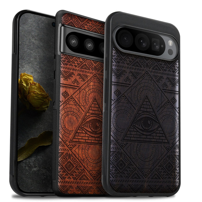 The All-Seeing Eye and the Aztec Voyage, Classic Engraved Wood & TPU Case - Artisanal Cover for Google Pixel