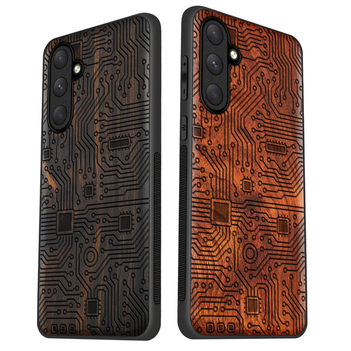 Abstract Motherboard Linework Art, Classic Engraved Wood & TPU Case - Artisanal Cover for Samsung Galaxy