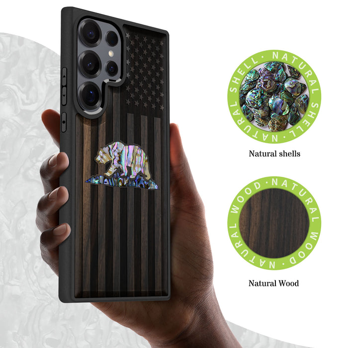 The Grizzly of the Golden State, Hand-Inlaid Wood & Mother of Pearl Case - Artisanal Cover for Samsung Galaxy