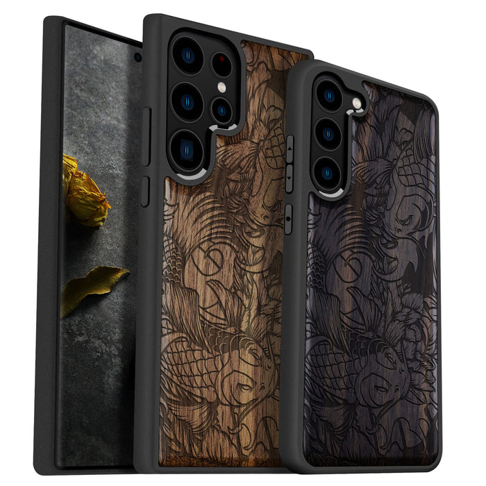 Flowing Harmony, Classic Engraved Wood & TPU Case - Artisanal Cover for Samsung Galaxy