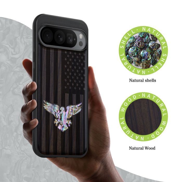 Bald Eagle and Flag, Hand-Inlaid Wood & Mother of Pearl Case - Artisanal Cover for Google Pixel