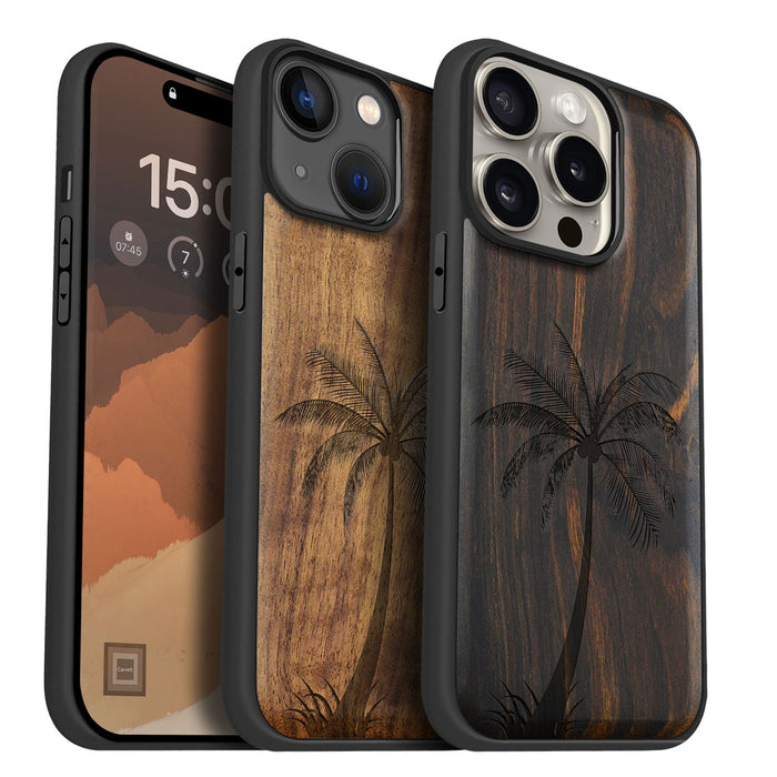 The Palm Tree Silhouette, Classic Engraved Wood & TPU Case - Artisanal Cover for Apple iPhone