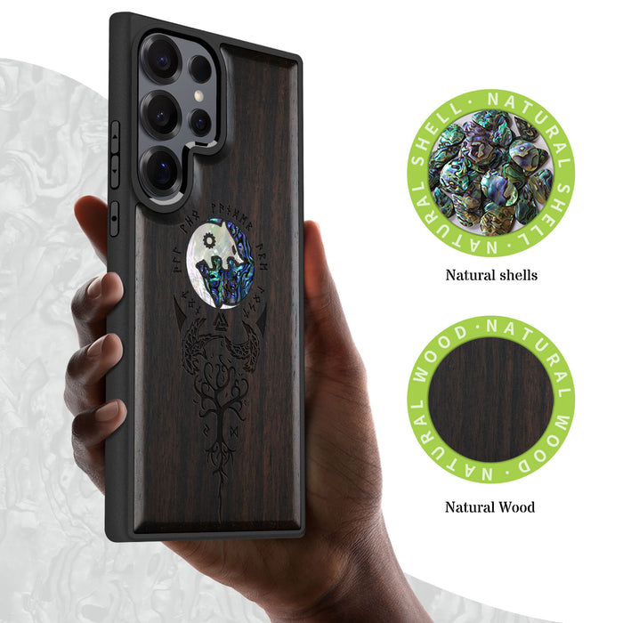 Vegvísir Ravens and Yggdrasil Hand-Inlaid Wood & Mother of Pearl Case Samsung Galaxy Artisanal Case View