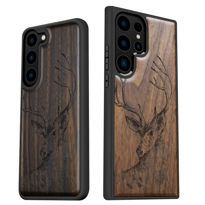 The Half-Length Deer Linework Art, Classic Engraved Wood & TPU Case - Artisanal Cover for Samsung Galaxy