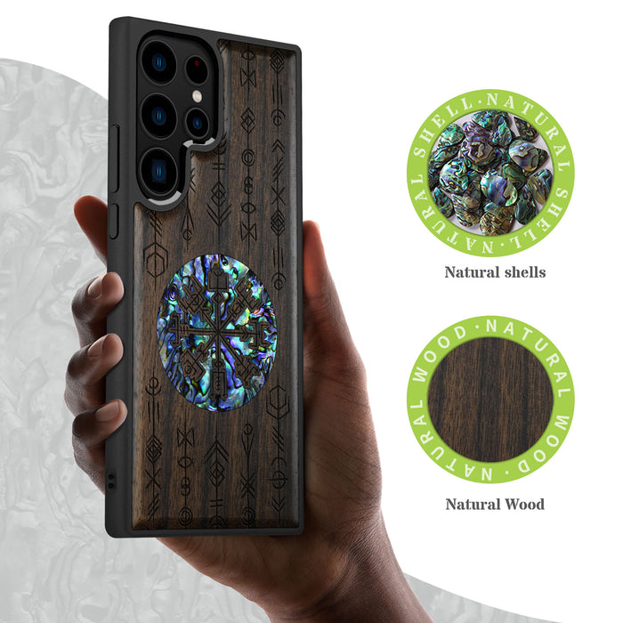 Echoes of Viking Lore, Hand-Inlaid Wood & Mother of Pearl Case - Artisanal Cover for Samsung Galaxy