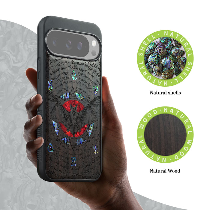 The Bat and the Octagonal Star, Hand-Inlaid Wood & Mother of Pearl Case - Artisanal Cover for Google Pixel