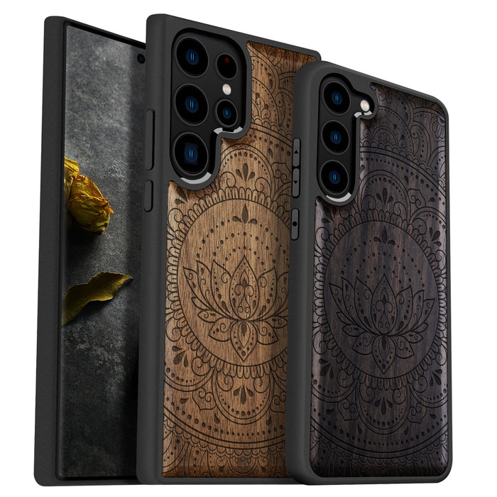 Lotus Mandala Essence, Classic Engraved Wood & TPU Case - Artisanal Cover for Samsung Galaxy