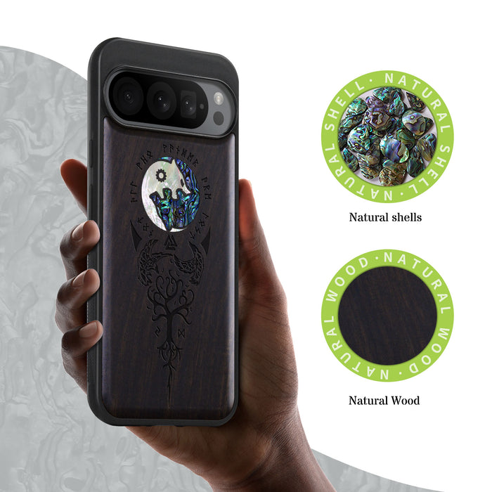 Vegvísir, Ravens, and Yggdrasil, Hand-Inlaid Wood & Mother of Pearl Case - Artisanal Cover for Google Pixel