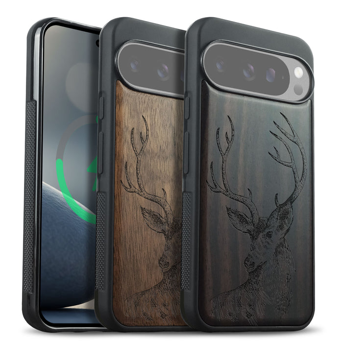 The Half-Length Deer Linework Art, Classic Engraved Wood & TPU Case - Artisanal Cover for Google Pixel