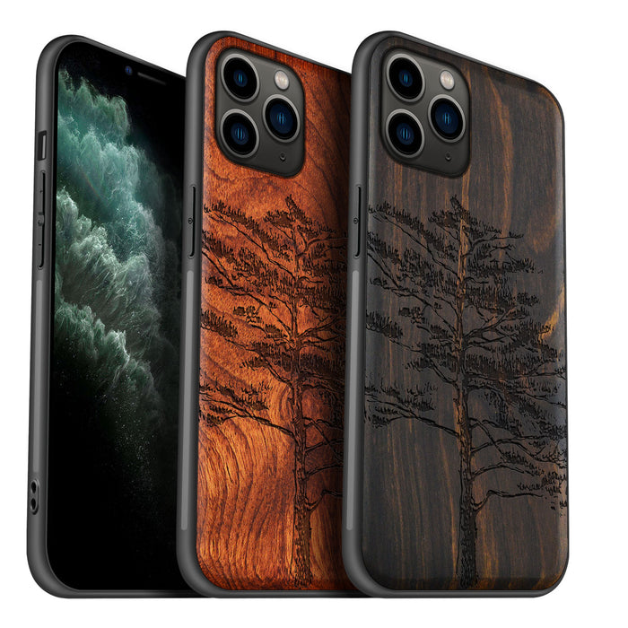 Vintage Pine Tree Sketch, Classic Engraved Wood & TPU Case - Artisanal Cover for Apple iPhone