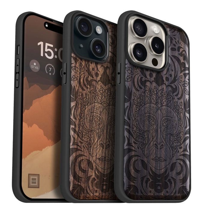 The Leafy Visage, Classic Engraved Wood & TPU Case - Artisanal Cover for Apple iPhone