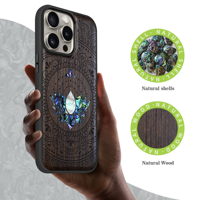 Lotus Mandala Essence, Hand-Inlaid Wood & Mother of Pearl Case - Artisanal Cover for Apple iPhone