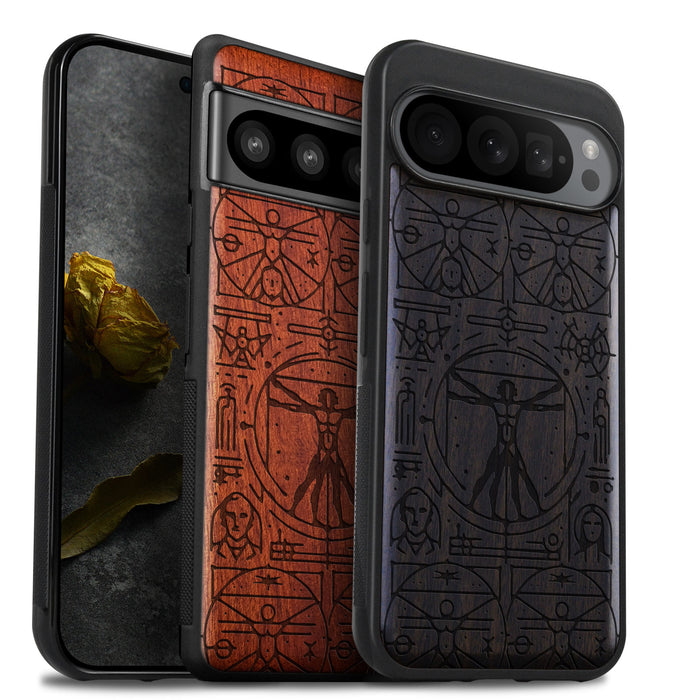 Vitruvian Man, Classic Engraved Wood & TPU Case - Artisanal Cover for Google Pixel