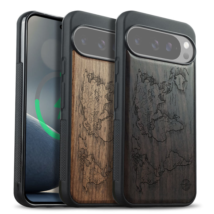 Abstract Expressionist World Map Linework, Classic Engraved Wood & TPU Case - Artisanal Cover for Google Pixel