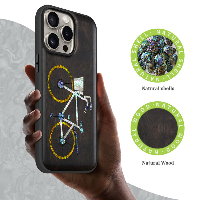 Classic Bicycle Silhouette, Hand-Inlaid Wood & Mother of Pearl Case - Artisanal Cover for Apple iPhone