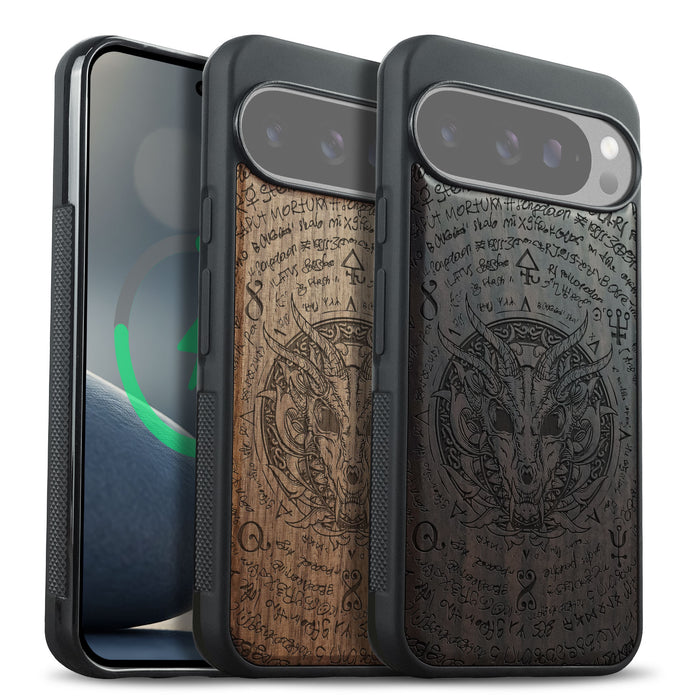 Dragon Skull within an Octagonal Star, Classic Engraved Wood & TPU Case - Artisanal Cover for Google Pixel