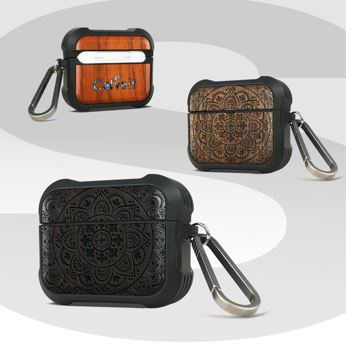 Lace Mandala - Wood Artisan Engraved & Shell Hand-Inlaid Cover - Artisanal Case for Apple AirPods (Titanium Quick Released Clasp)