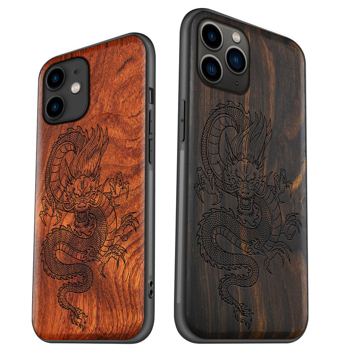 The Oriental Dragon, Classic Engraved Wood & TPU Case - Artisanal Cover for Apple iPhone