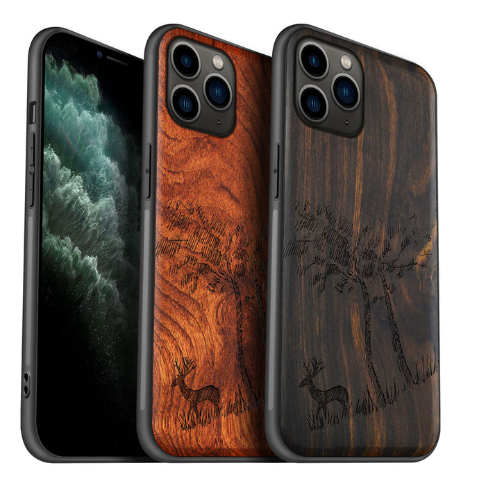 Lone Deer Amidst the Trees, Classic Engraved Wood & TPU Case - Artisanal Cover for Apple iPhone