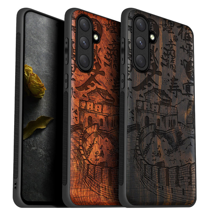 Hand Drawn Great Wall of China, Classic Engraved Wood & TPU Case - Artisanal Cover for Samsung Galaxy