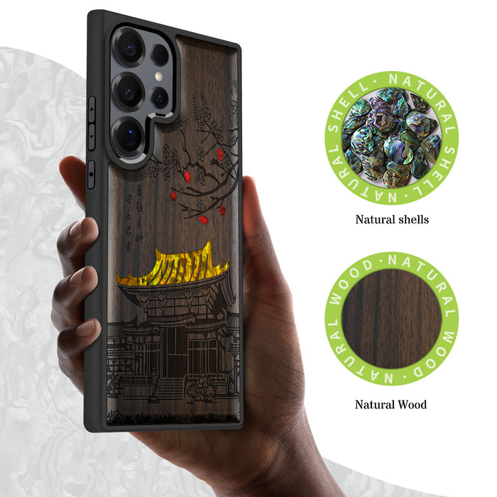The Ancient Temple Amidst Cherry Blossoms, Hand-Inlaid Wood & Mother of Pearl Case - Artisanal Cover for Samsung Galaxy