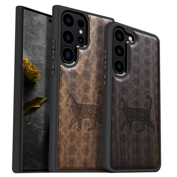 Majestic Tribal Feline, Classic Engraved Wood & TPU Case - Artisanal Cover for Samsung Galaxy