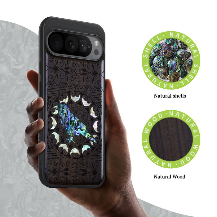 The Zentangle Crow, Hand-Inlaid Wood & Mother of Pearl Case - Artisanal Cover for Google Pixel