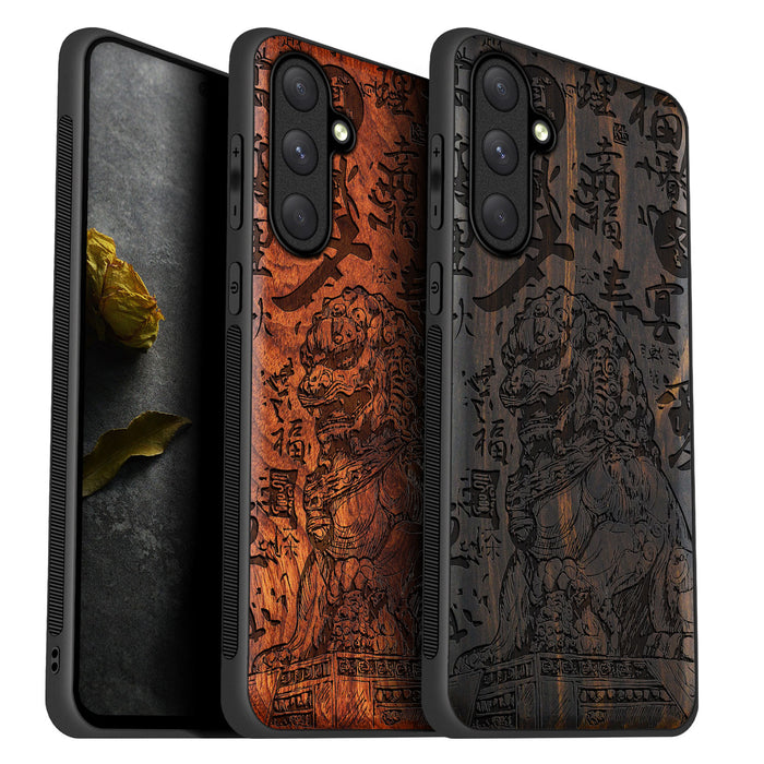 The Chinese Guardian Lions, Classic Engraved Wood & TPU Case - Artisanal Cover for Samsung Galaxy