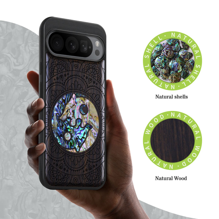 Yin-Yang Wolves Amidst Paisley, Hand-Inlaid Wood & Mother of Pearl Case - Artisanal Cover for Google Pixel