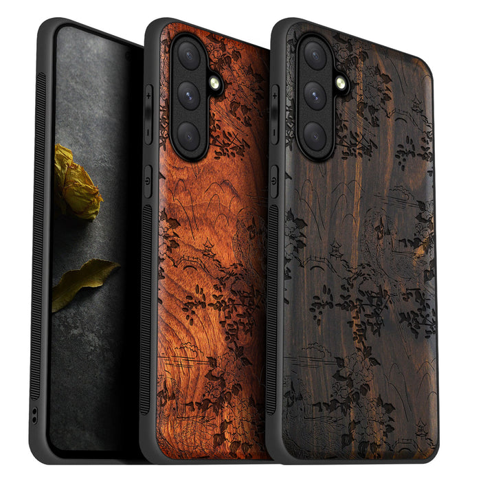 Oriental Elegance, Classic Engraved Wood & TPU Case - Artisanal Cover for Samsung Galaxy