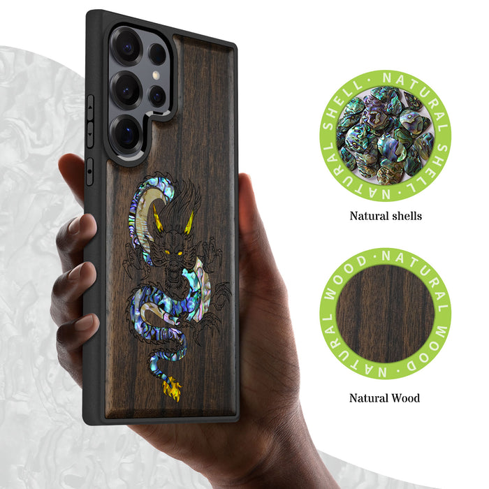 The Oriental Dragon, Hand-Inlaid Wood & Mother of Pearl Case - Artisanal Cover for Samsung Galaxy
