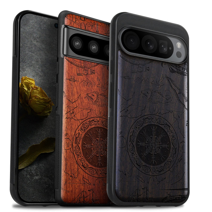 Viking Shield Amidst Maritime Treasures, Classic Engraved Wood & TPU Case - Artisanal Cover for Google Pixel