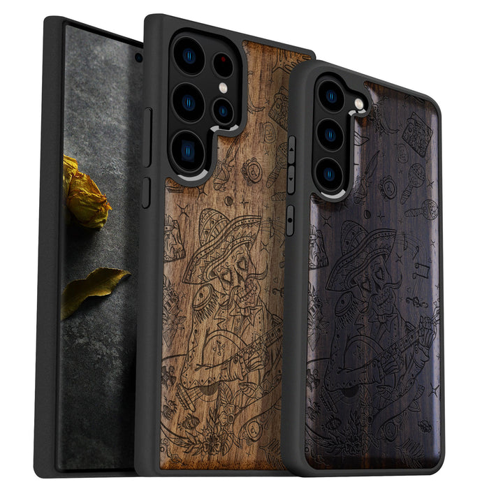 Skeleton Guitarist, Classic Engraved Wood & TPU Case - Artisanal Cover for Samsung Galaxy