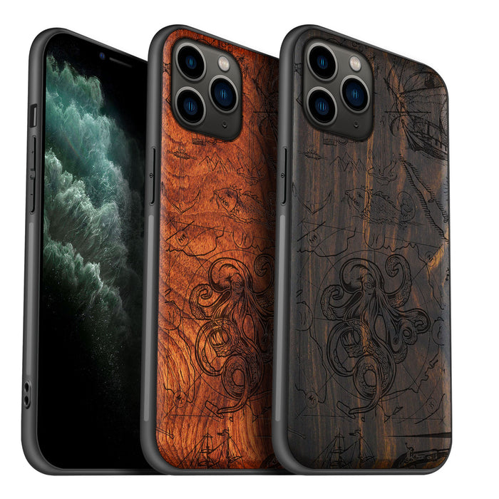 The Octopus and Maritime Treasures, Classic Engraved Wood & TPU Case - Artisanal Cover for Apple iPhone