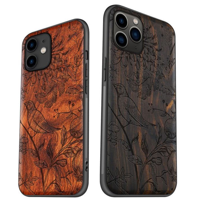 The Chrysanthemum and the Songbird, Classic Engraved Wood & TPU Case - Artisanal Cover for Apple iPhone