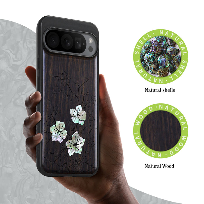 Whispering Sakura Blooms, Hand-Inlaid Wood & Mother of Pearl Case - Artisanal Cover for Google Pixel