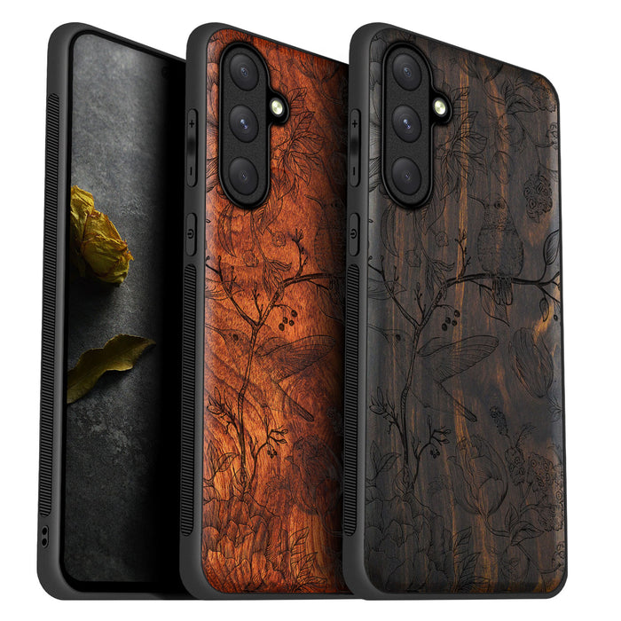 A Dance of Flora and Avian, Classic Engraved Wood & TPU Case - Artisanal Cover for Samsung Galaxy