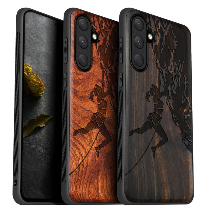 Woman Ascending the Cliff, Classic Engraved Wood & TPU Case - Artisanal Cover for Samsung Galaxy