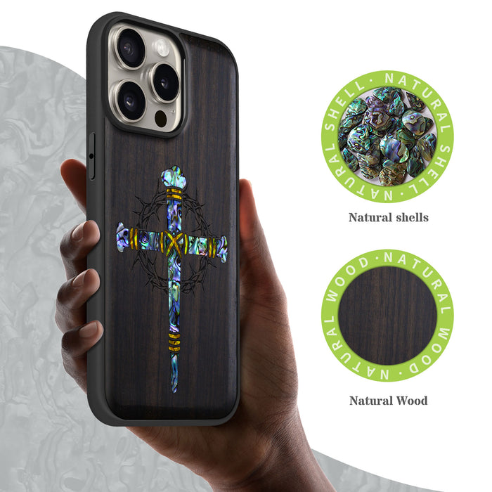 Crucifix Nails, Hand-Inlaid Wood & Mother of Pearl Case - Artisanal Cover for Apple iPhone