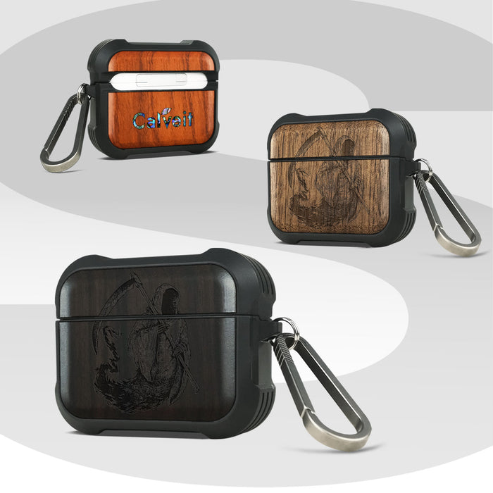 The Grim Reaper - Wood Artisan Engraved & Shell Hand-Inlaid Cover - Artisanal Case for Apple AirPods (Titanium Quick Released Clasp)