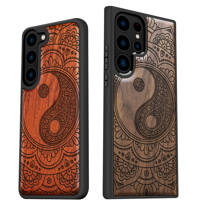 The Yin-Yang Mandala, Classic Engraved Wood & TPU Case - Artisanal Cover for Samsung Galaxy