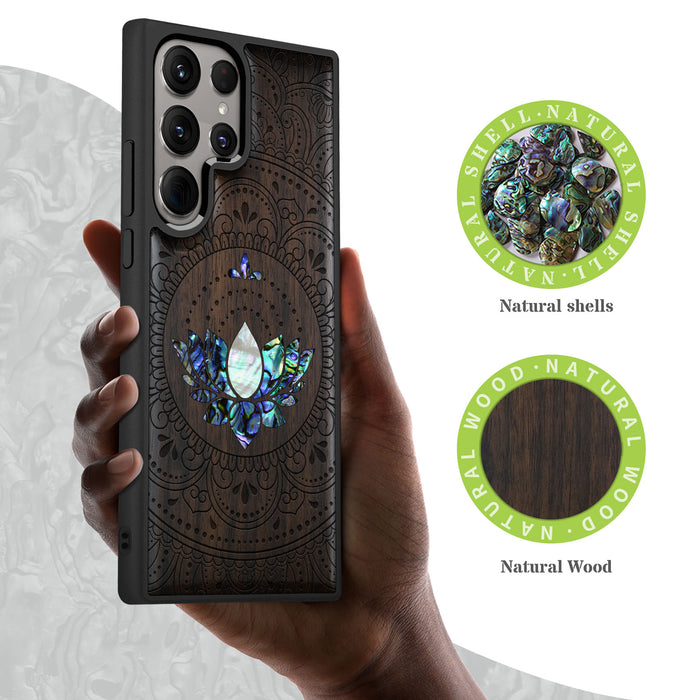 Lotus Mandala Essence, Hand-Inlaid Wood & Mother of Pearl Case - Artisanal Cover for Samsung Galaxy