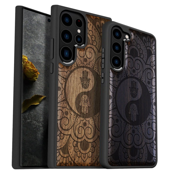 The Hamsa Yin-Yang Mandala, Classic Engraved Wood & TPU Case - Artisanal Cover for Samsung Galaxy