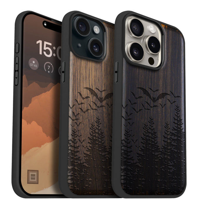 Bats Over the Forest, Classic Engraved Wood & TPU Case - Artisanal Cover for Apple iPhone