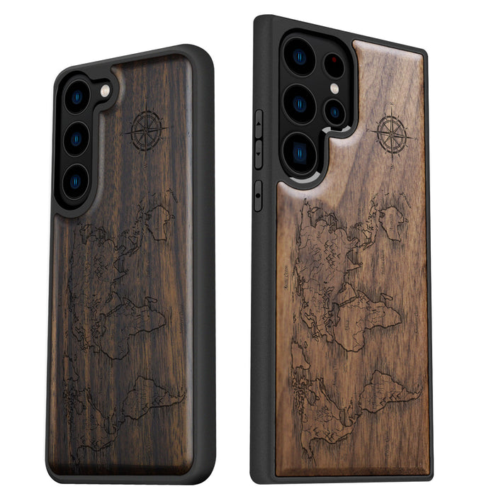 Abstract Expressionist World Map Linework, Classic Engraved Wood & TPU Case - Artisanal Cover for Samsung Galaxy