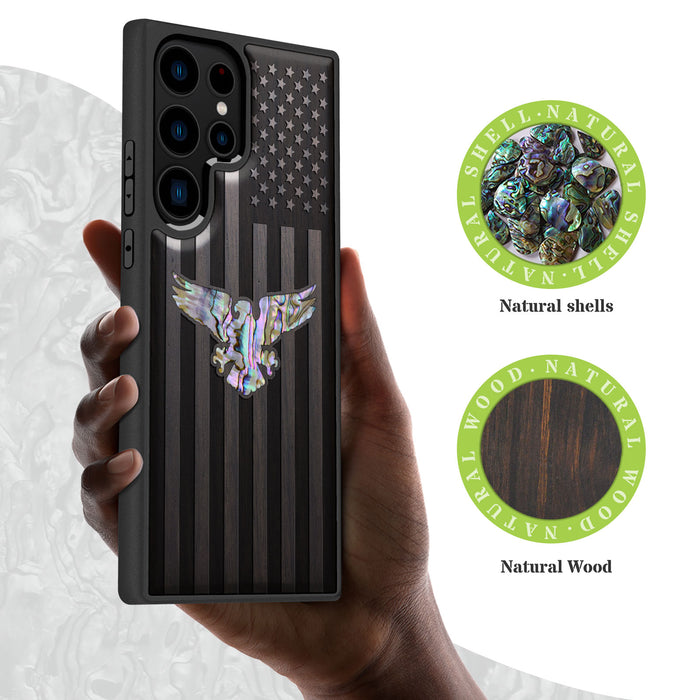 Bald Eagle and Flag, Hand-Inlaid Wood & Mother of Pearl Case - Artisanal Cover for Samsung Galaxy