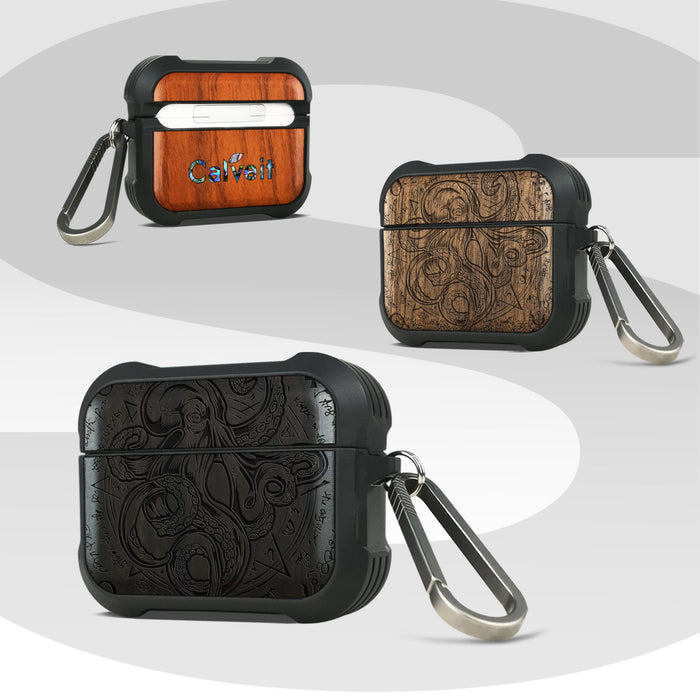 Celestial Cephalopod - Wood Artisan Engraved & Shell Hand-Inlaid Cover - Artisanal Case for Apple AirPods (Titanium Quick Released Clasp)