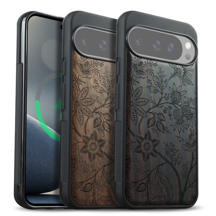 Vintage Fantasy Flowers, Classic Engraved Wood & TPU Case - Artisanal Cover for Google Pixel
