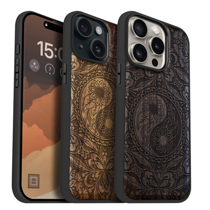 The Yin Yang Mandala, Classic Engraved Wood & TPU Case - Artisanal Cover for Apple iPhone